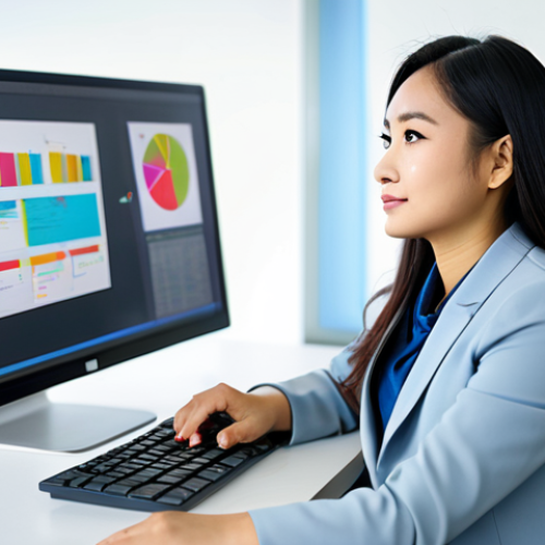 A confident young Malaysian professional woman, fully clothed in a modest business blazer and smart trousers, seated at a modern office desk. She is looking at a large computer monitor displaying vibrant graphic design software. The background features a blurred, bright contemporary office environment with subtle elements of teamwork. She has perfect anatomy, correct proportions, and a natural pose with well-formed hands properly placed on a keyboard or mouse. The image should convey professionalism and success, safe for work, appropriate content, and professional dress. High-resolution, realistic, professional photography, detailed.