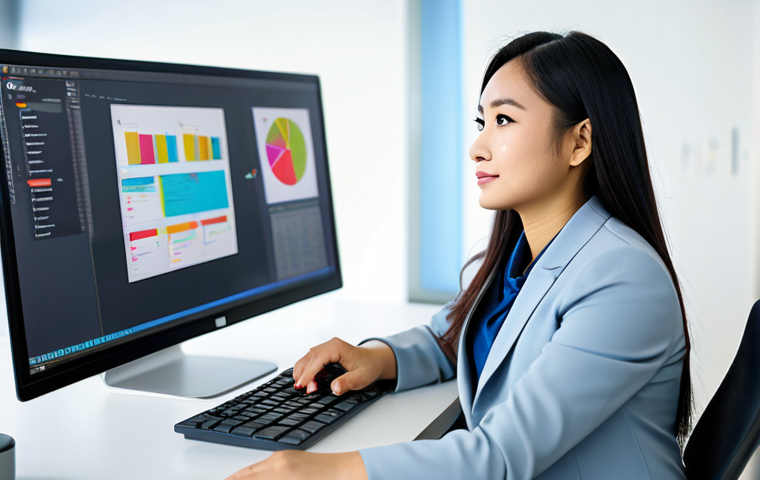 A confident young Malaysian professional woman, fully clothed in a modest business blazer and smart trousers, seated at a modern office desk. She is looking at a large computer monitor displaying vibrant graphic design software. The background features a blurred, bright contemporary office environment with subtle elements of teamwork. She has perfect anatomy, correct proportions, and a natural pose with well-formed hands properly placed on a keyboard or mouse. The image should convey professionalism and success, safe for work, appropriate content, and professional dress. High-resolution, realistic, professional photography, detailed.